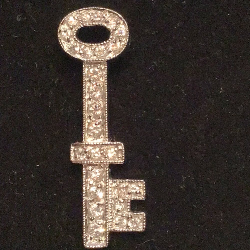 New Sterling Silver Key Pendant, clear CZS, rhodium plated